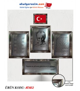 Atatürk Köşesi 5'li Set Gümüş Yansımalı Çerçeveli Tablo